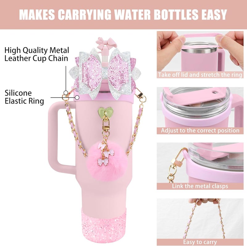 SEMATA Bling Accessories for Stanley Cup 40oz & 30oz Tumbler Including Silicone Cute Bow Straw Topper Cover, Silicone Boot for Stanley Cup,Leather Water Bottle Handle Strap, Charms(Cherry Blossom) - Image 2